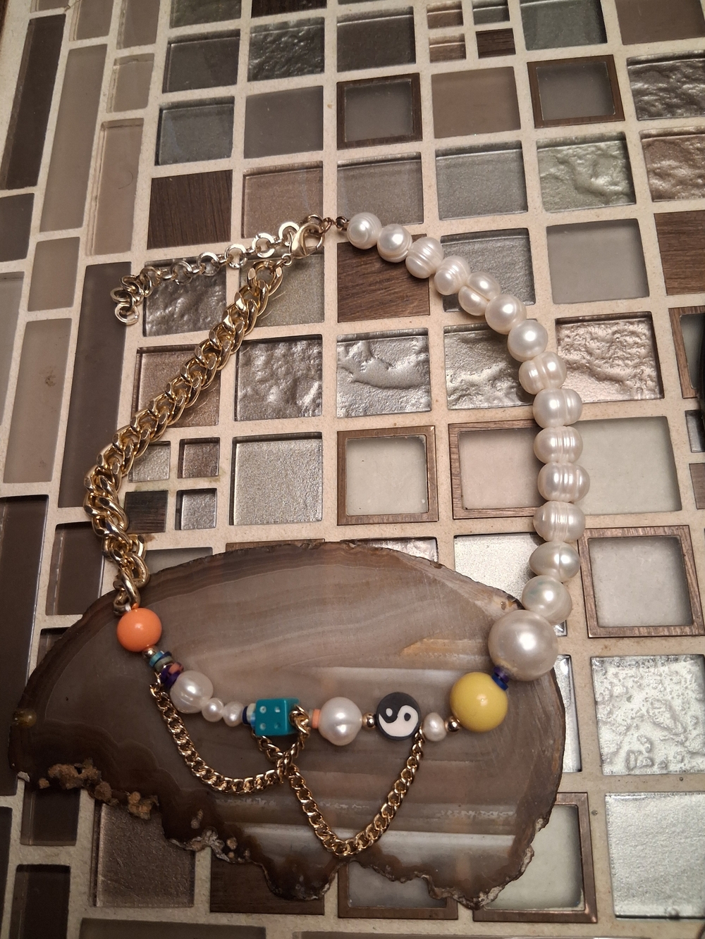 Artisan White Pearl Necklace with Gold Chain and Multicolor Beads